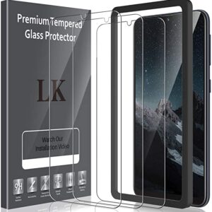 LK 3 Pack Screen Protector Compatible with Samsung Galaxy A10e Tempered Glass New Verison Easy Frame Installation, 9H Hardness, HD Transparent, Case Friendly