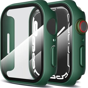 LK 2 Pack Hard Case with Built-in Tempered Glass Screen Protector Compatible with Apple Watch Series 7 45mm, Scratch-resistant, Anti-Shatter, Ultra-Thin, Crystal Clear, Precise Cutting, Green