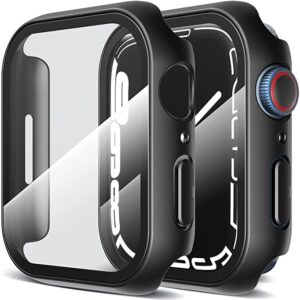 LK 2 Pack Hard PC Case with Built-in Tempered Glass Screen Protector Compatible with Apple Watch Series 7 45mm, Scratch-resistant, Anti-Shatter, Ultra-Thin, Crystal Clear, Precise Cutting, Black