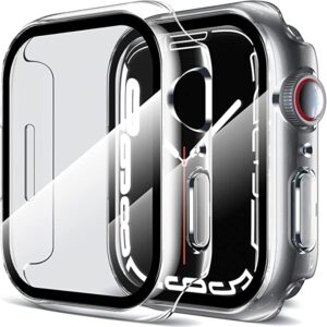 LK 2 Pack Hard PC Case with Built-in Tempered Glass Screen Protector Compatible with Apple Watch Series 7 45mm, Scratch-resistant, Anti-Shatter, Ultra-Thin, Crystal Clear, Precise Cutting, Clear