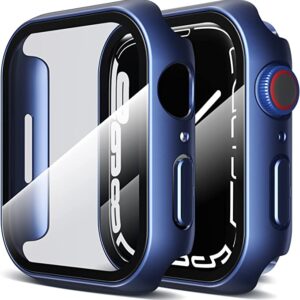 LK 2 Pack Hard PC Case with Built-in Tempered Glass Screen Protector Compatible with Apple Watch Series 7 45mm, Scratch-resistant, Anti-Shatter, Ultra-Thin, Crystal Clear, Precise Cutting, Blue