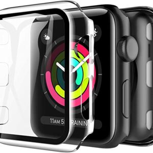 LK 2 Pack Tempered Glass Case Compatible With Apple Watch 42mm Series 3 Series 2 Series 1, Built-in with Screen Protector, All Around Hard PC Protective Case (Clear)