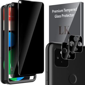 4 Pack LK 2 Pack Anti Spy Privacy Tempered Glass Screen Protector + 2 Pack Camera Lens Protector for Google Pixel 5, Tempered Glass, Easy Frame Installation, HD Ultra-Thin