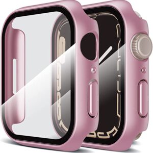 LK 2 Pack Hard PC Case with Built-in Tempered Glass Screen Protector Compatible with Apple Watch Series 7 45mm, Scratch-resistant, Anti-Shatter, Ultra-Thin, Crystal Clear, Precise Cutting, Pink