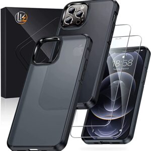 LK für iPhone 12 Hülle/iPhone 12 Pro Hülle mit 2 Schutzfolie (360 Schützen),Never Yellow, Military Grade Shockproof, Anti-Kratzen,Hard PC Back and Soft Silicone TPU Edge - Transluzent Matte Black