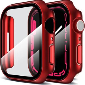 LK 2 Pack Hard PC Case with Built-in Tempered Glass Screen Protector Compatible with Apple Watch Series 7 45mm, Scratch-resistant, Anti-Shatter, Ultra-Thin, Crystal Clear, Precise Cutting, Red