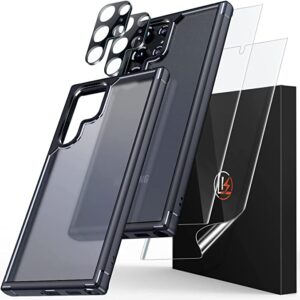 LK für Samsung Galaxy S22 Ultra Hülle, Schutz in Militärqualität, Nie Vergilbung, Anti-Kratzen Galaxy S22 Ultra 5G Matte Hülle mit 2 Weicher TPU Bildschirmschutz & 2 Kamera Schutzfolie - Schwarz