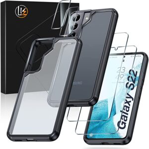 LK für Samsung Galaxy S22 Hülle, Schutz in Militärqualität, Nie Vergilbung, Anti-Kratzen Galaxy S22 5G Matte Hüllen mit 2 Panzerglas & 2 Kamera Schutzfolie - Schwarz