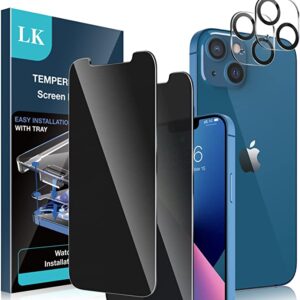 LK 2 Pack Privacy Screen Protector + 2 Pack Camera Lens Protector Compatible with iPhone 13, Tempered Glass Made, Anti-Scratch, Anti-Spy, 126° Viewpoint, Easy Installation Tray Attached, 6.1-Inch