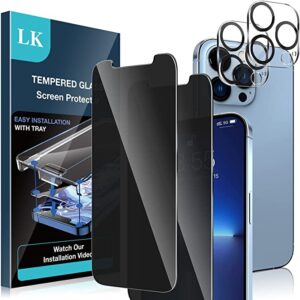 [2+2 Pack] LK 2 Pack Privacy Screen Protector Compatible with iPhone 13 Pro Max 6.7-inch, [Anti-Spy] Tempered Glass Film, and 2 Pack Camera Lens Protector, [Easy Frame Installation],Scratch Resistant