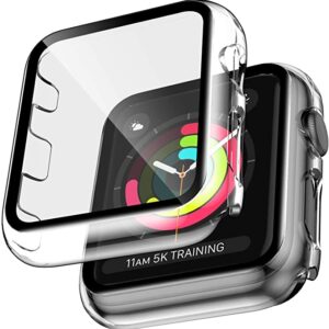 LK 2 Pack Tempered Glass Case Compatible With Apple Watch 38mm Series 3 Series 2 Series 1 Built-in Tempered Glass Screen Protector, Hard PC Protector Cover for iWatch 38mm (Clear)