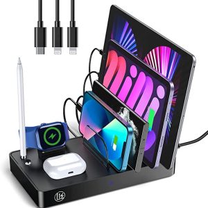 LK Charging Station for Multiple Devices,40W 4 Ports Charging Station Organizer with 3 Cables Included,7 in 1 Fast Charge Multi Device Phone Charging Dock for Phones, Tablets, and Other Electronics