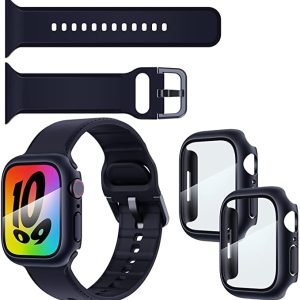 LK [3 in 1] Sport Armband kompatibel mit Apple Watch 7 41mm, [2 Stück] Hartes PC Hülle mit Displayschutz aus Gehärtetem Glas, Ersatz Silikon Sport Armbänder für iWatch 41mm, für Damen und Herren