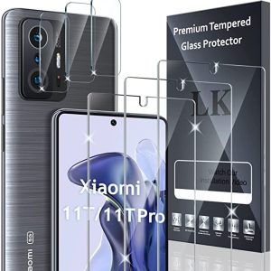 LK 3+3 Stück Schutzfolie Kompatibel mit Xiaomi 11T/11T Pro, 3 Kamera Panzerfolie und 3 Folie, Blasenfreie Vollständige Abdeckung Fingerabdruck-ID Unterstützen 9H Härte HD Displayfolie mit Einbaurahmen