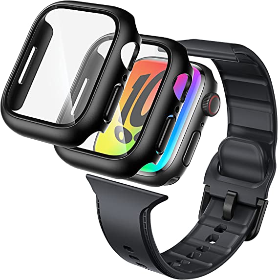 [3 in 1] LK Case with Band Designed for Apple Watch 45mm Series 7, 2 Pack Hard PC Case with Tempered Glass Screen Protector, Protective Case with Silicone Sport Bands for Women & Men