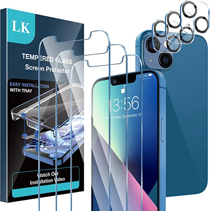 LK [3+3] Stück Schutzfolie Panzerfolie für iPhone 13 (6.1), Rahmen-Installationshilfe, 3 Kamera Glasfolie für Kameraschutz, Frei von Kratzern Folie, 9H Härte Panzerfolie, HD Displayschutz, Ultra-klar