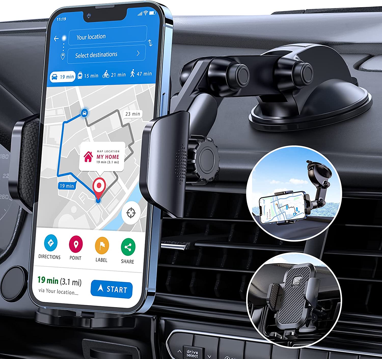 LK Phone Holder for Car,Dashboard Windshield Air Vent Universal 3 in1 Car Phone Holder Mount Compatible with iPhone 13 12 11 Pro Max XS X XR 8, Samsung Galaxy S21 S20 S10+ All Mobile Smartphone