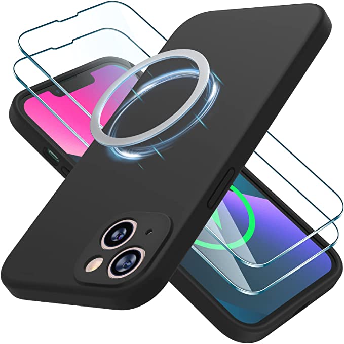 LK for iPhone 13 Case 6.1 Magnetic Case, with 2 Pack Tempered Glass Screen Protector, Liquid Silicone Shockproof Slim iPhone 13 Cover, [Scratchproof] [Mil-grade Protection] [Non-Yellowing], Black
