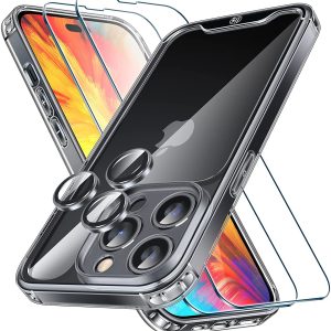 【6 in 1】 LK für iPhone 14 Pro Max Hülle, mit 3 Verbesserter Objektivschutz,2 PCS 9H Displayschutz, [Anti-Drop in Militärqualität] [Niemals Vergilbend] Handyhülle iPhone 14 Pro Max 6.7"-Transparent