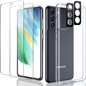 LK [5-in-1] Samsung Galaxy S21 FE Hülle mit 2 Displayschutz Schutzfolie + 2 Kameraschutz, Mehrfachschutz Stoßfeste Kratzfest S21 FE 5G Handyhülle, Anti-Gelb Weiche TPU Silikon Case Cover - Transparent