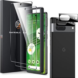 LK [2+2 Pack for Google Pixel 7 Screen Protector, 2 Pcs Tempered Glass Screen Protector + 2 Pcs Camera Lens Screen Protector,Easy Installation with Alignment Frame,[9H Hardness] [Anti-Scratch]