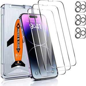 [3+3]LK 3 Pack Screen Protector for iPhone 14 Pro +3 Pack Camera Lens Protector, Tempered Glass Film, Ultra HD, 9H Hardness, Bubble Free, Easy Installation, Case Friendly