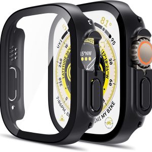 LK 2 Pack Hard PC Case Compatible with Apple Watch Ultra 49mm, Apple Watch Watch Ultra Case with Built-in 9H Tempered Glass, Scratch-Resistant, Touch Sensitive, Shockproof Case for iWatch Ultra, Black