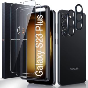 LK 2 Pack for Samsung Galaxy S23 Plus Screen Protector & 2 Pack camera Lens Protector, Alignment Tool Scratch-Resistant [Fingerprint Unlock Compatitble] 9H Tempered Glass Screen protector for S23 Plus