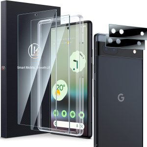 LK [2+2] 2 Pack Google Pixel 6a 5G Screen Protector + 2 Pack Camera Lens Protector, 9H Tempered Glass Screen Protector for Pixel 6a, Anti-Scratch, Bubble-Free, [Fingerprint Support], 6.1-inch