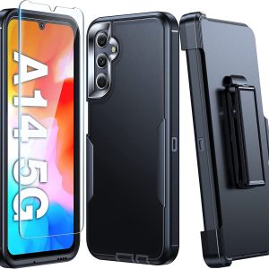LK Designed for Samsung Galaxy A14 5g Phone Case with 1pcs Screen Protector [Military Grade Drop Proof Protection] Belt Clip Holster Kickstand,Dust Plug,Metal Sheet Phone Case for Samsung A14 5g, Black