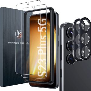 [2+2] LK 2 Packs Samsung Galaxy S23 Plus Screen Protector, S23 Plus Screen Protector Tempered Glass with 2 Pack Camera Lens Protector, HD Screen, Anti-Shatter, Anti Scratch Bubble Free, Case-Friendly
