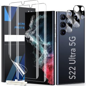 LK 2 Pack for Samsung Galaxy S22 Ultra Screen Protector [Not Glass], 2 Pack Glass Camera Lens Protector, Fingerprint Reader, Anti Scratch,3D Curved Max Coverage for S22 Ultra 6.8-inch